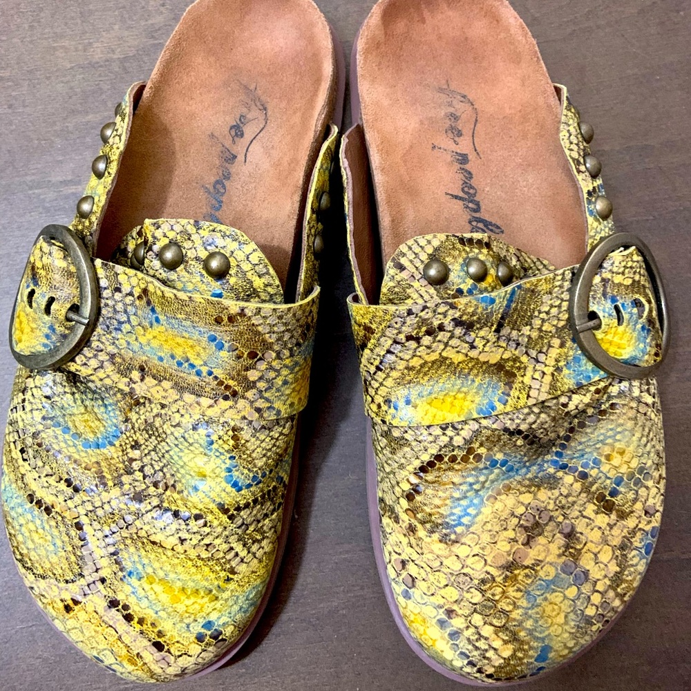 Free People | RARE multi color snake print studded buckle birk mule clog size 7